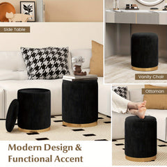 COSTWAY Velvet Storage Ottoman Set of 2 with Golden Stainless Steel Hoop, Ottoman Storage Bench