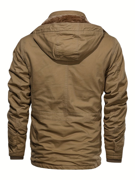 A Durable And Warm Medium to Long Men'S Winter Jacket, Suitable for Casual Work, Featuring Multiple Pockets, a Zipper, And a Hood for Outdoor Wind