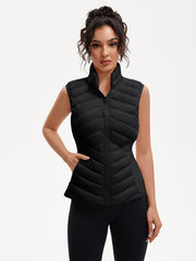 Women's Lightweight Outdoor Puffer Vest, Multi-Pocket Design, Elastic Waist Wrapping for Snug Warmth, Unique Zipper, Stand Collar, Polyester Filled
