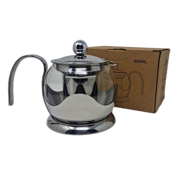 Glass Teapot with Stainless Steel Infuser, 800ml Borosilicate Tea Pot, Clear Modern Design with Strainer for Loose Tea, 4-6 Cups