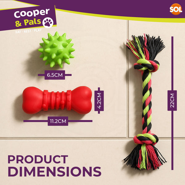 Mix It Play Pack 3pk Dog Toy Set | Includes Rope Pull Toy, Squeaky Bone & Play Ball | Durable, Lightweight Toys for Small & Medium Dogs | Great for Chewing, Tugging & Fetching