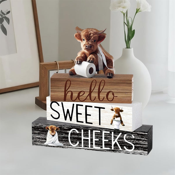 4pcs Wooden Highland (Cattle) Decor - 3 Rustic Scottish Figurines, Animal Blocks for Farmhouse Shelf, Tabletop, or Scottish-Themed Room Décor - Multi- Scottish Cattle Blocks
