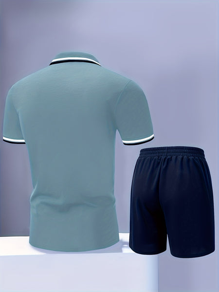 Men'S Polo Shirt Fashion Casual Set Pique Mesh Letter Pattern Top And Bottom