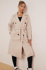 Women's Classy Solid Color Double Breasted Detachable Belted Pocket Pea Coat, Lapel Neck Long Sleeve Outerwear for Fall & Winter