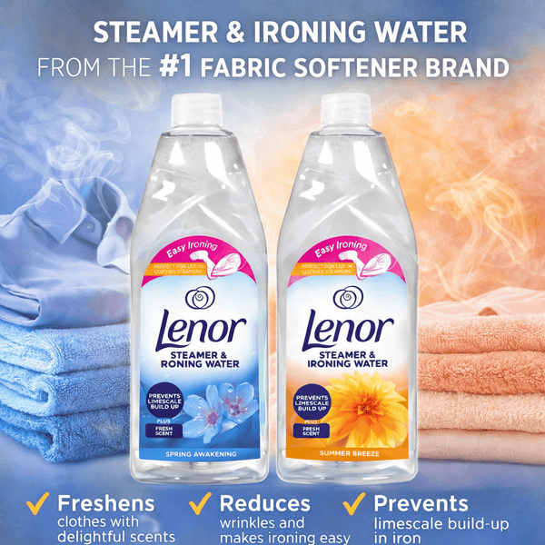 2 x Lenor Steamer & IRONING Water - 1 x SPRING AWAKENING, 1 x SUMMER BREEZE, Fabric Care Liquid for Steam Irons, Garment Steamers & Clothing Refreshing