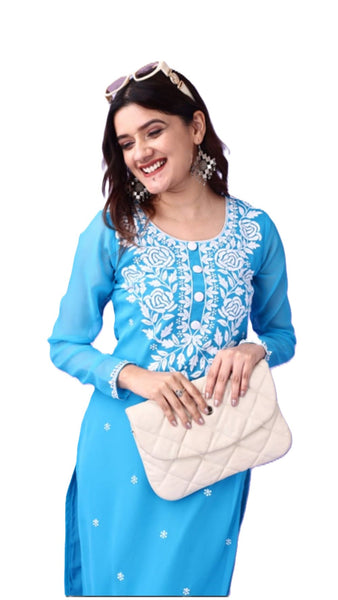 Estationeryhouse Women's Georgette Lucknowi chikankari kurti, Rose Design with Heavy Embroidery, Without Bottom