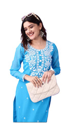 Estationeryhouse Women's Georgette Lucknowi chikankari kurti, Rose Design with Heavy Embroidery, Without Bottom