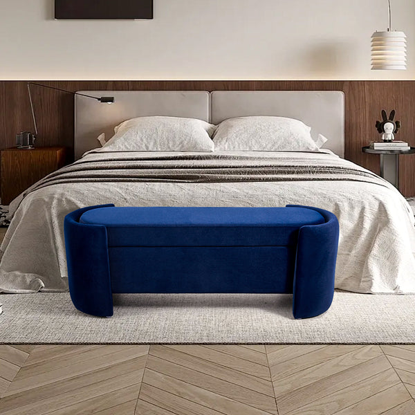 1pc, Blue Velvet Upholstered Storage Bench, Ottoman Storage Box with Seating, Modern Upholstered End of Bed Stool Chair Bench for Bedroom Entryway, Living Room Decor