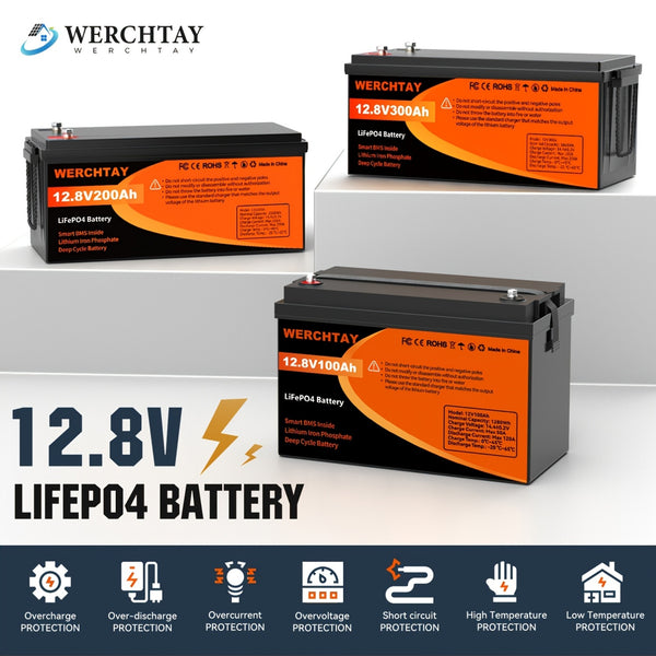 WERCHTAY 12.8V Lifepo4 Battery with Capacities of 300/200/100Ah, Featuring A+ Grade Battery Cells, Over 25, 000 Deep Cycles, And an Intelligent BMS for Protection Against Overcharging And Over-Discharging, Suitable for Home Energy Storage
