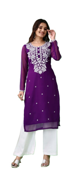Estationeryhouse Women's Georgette Lucknowi chikankari kurti, Rose Design with Heavy Embroidery, Without Bottom