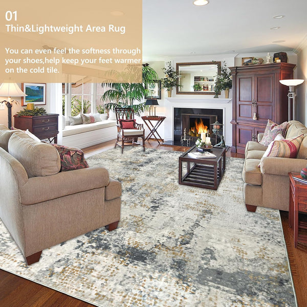 200x300cm Large Modern Abstract Rugs Living Room Non-slip Area Rug Short Pile Faux Bedroom Carpet Lightweight Washable Minimalist Floor Mat for Living Room Bedroom Office Decor, Gray Golden,