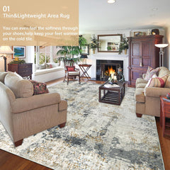 200x300cm Large Modern Abstract Rugs Living Room Non-slip Area Rug Short Pile Faux Bedroom Carpet Lightweight Washable Minimalist Floor Mat for Living Room Bedroom Office Decor, Gray Golden,