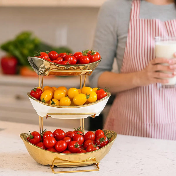 Premium 3-Tier Kitchen Fruit Basket – Gold Metal Rack with Three Big Bowls for Snacks, and Baked Goods – Space-Saving Design