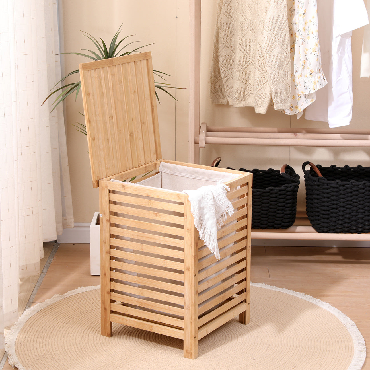 Laundry Basket with Lid, Bamboo Laundry Hamper with Removable Liner Bag, Clothes Hamper Laundry Bin for Bathroom, Bedroom, Dorm, Laundry Room, Freestanding Laundry Clothes Storage Bin, 45L