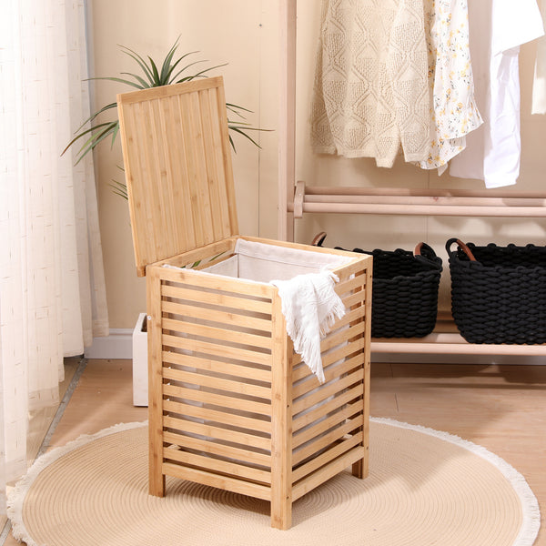 Laundry Basket with Lid, Bamboo Laundry Hamper with Removable Liner Bag, Clothes Hamper Laundry Bin for Bathroom, Bedroom, Dorm, Laundry Room, Freestanding Laundry Clothes Storage Bin, 45L
