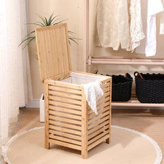 Laundry Basket with Lid, Bamboo Laundry Hamper with Removable Liner Bag, Clothes Hamper Laundry Bin for Bathroom, Bedroom, Dorm, Laundry Room, Freestanding Laundry Clothes Storage Bin, 45L