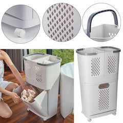 1pc, White Two-Layer, Bathroom Dirty Clothes Sorting And Storage Basket, Household Multi-Purpose Laundry Changing And Storage Basket, Upper Compartment Dirty Clothes Basket, Fruit, Vegetable, Snack And Toy Storage Basket, Large Capacity Space Saving, Non