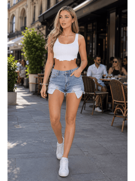 New Look Women Fashionable High Waist Denim Shorts Distressed Ripped Lace Pocket Summer Shorts Casual Wear
