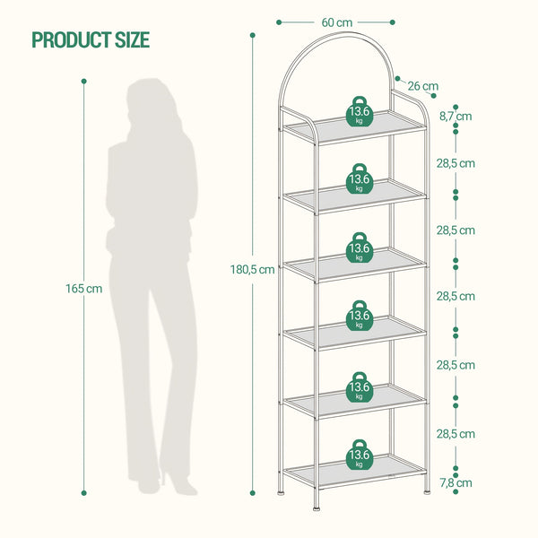 6 Tier Bookcase Bookshelf, Tempered Glass Bookshelves, Slim Shelving Unit for Bedroom, Bathroom, Home Office, Steel Frame, Golden