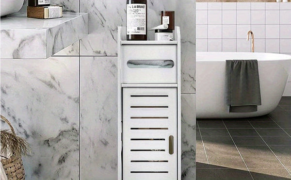 White Bathroom Cabinet, Waterproof Toilet Storage Cupboard Shelf Floor Standing Toilet Silm Shelf Storage Rack with Drawer Space Saver Organizer for Living Room Bedroom Kitchen Hallway 17 x 22 x 56cm
