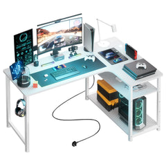 L Shaped Gaming Desk with Power Outlets Corner Computer Desk 110x80CM with Shelves Headphone Hook PC Table Workstation for Home Office Bedroom