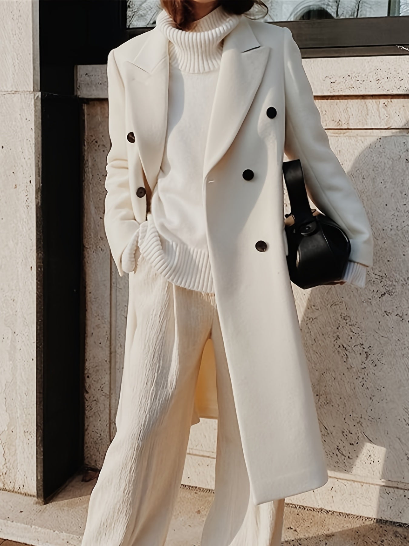 This Elegant Cream White Woolen Coat Features a Double-Breasted Design, Button Details, And a Slim Fit, Making It Perfect for Both Casual And Formal Events During The Fall And Winter Seasons.