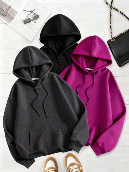 Women's Solid Color 3pcs Set Hooded Sweatshirt with Kangaroo Pocket and Drawstring Hood