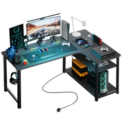L Shaped Gaming Desk with Power Outlets Corner Computer Desk 110x80CM with Shelves Headphone Hook PC Table Workstation for Home Office Bedroom
