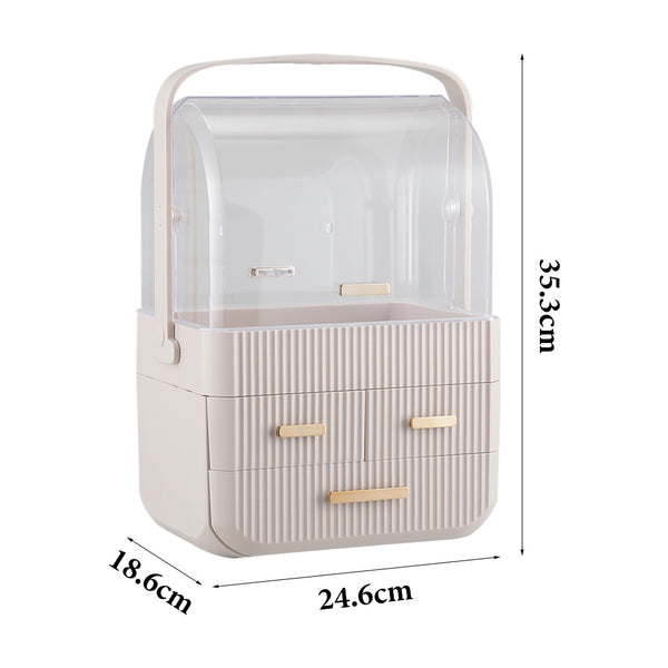 3-Tier Pink Jewelry Storage Box with Protective Lids, Plastic Makeup Organizer Features Multi-Drawer System, Desktop Display Case 24.6x18.6x35.3cm Perfect for Organizing Lipsticks, Cosmetics and Jewelry Pieces on Bathroom Counter and Dresser Top