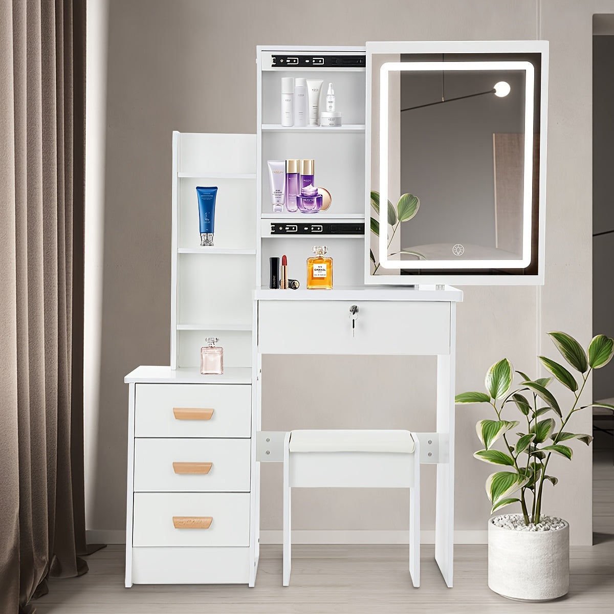 Modern Dressing Table with LED Lights, Vanity Desk with Mirror/4 Drawers/Cushioned Stool, Makeup Bedroom Dressing Table with Open Shelves for Home Bedroom