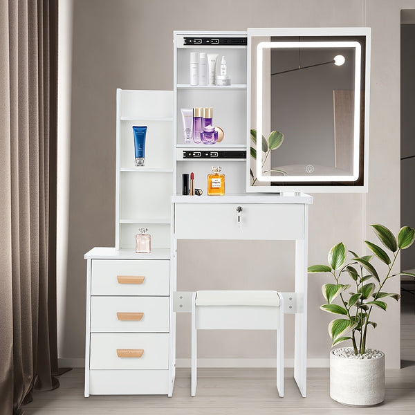Modern Dressing Table with LED Lights, Vanity Desk with Mirror/4 Drawers/Cushioned Stool, Makeup Bedroom Dressing Table with Open Shelves for Home Bedroom