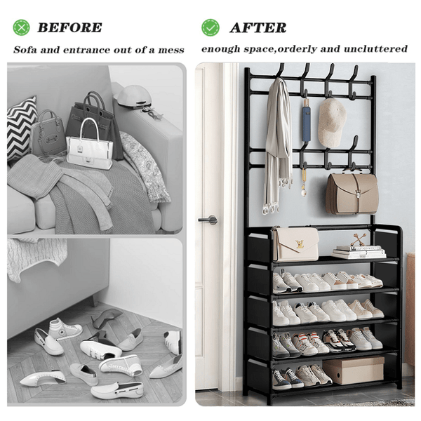 1pc Black Coat Rack Shoe Storage 5 Tiers Metal Stand 8 Hooks Shelves 80Cm Widened for Living Room Bathroom Hallway Office Xmas Gift