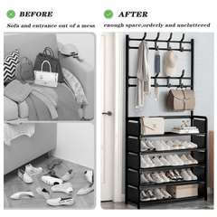 1pc Black Coat Rack Shoe Storage 5 Tiers Metal Stand 8 Hooks Shelves 80Cm Widened for Living Room Bathroom Hallway Office Xmas Gift