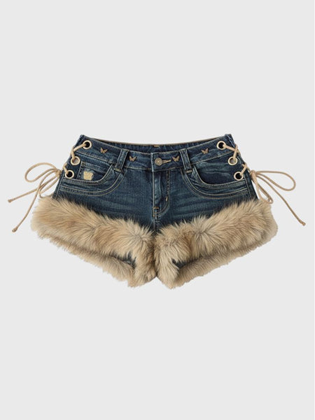 2026 New Y2K Millennial Spicy Jeans, American High Street Fuzzy Patchwork, Low Waist Hot Pants, Trendy for Autumn Winter Wear