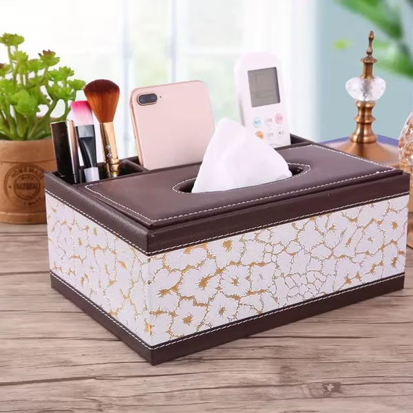 Multi-Functional Faux Leather Tissue & Storage Box with 4 Compartments, Includes Remote Control & Household Napkin Storage, Wipe-Clean in Seconds, Ideal for Living Room, Study & Café Countertops, Perfect for Home Supplies, Back to School & Festive Decorat