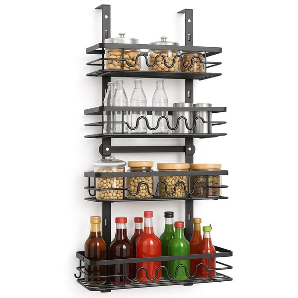 Over Door Pantry Organiser – 4 Tier Adjustable Storage Rack with Removable Baskets – Heavy Duty Metal Hanging Door or Wall Mount Spice Rack for Kitchen, Bathroom & Utility Room – Space Saving