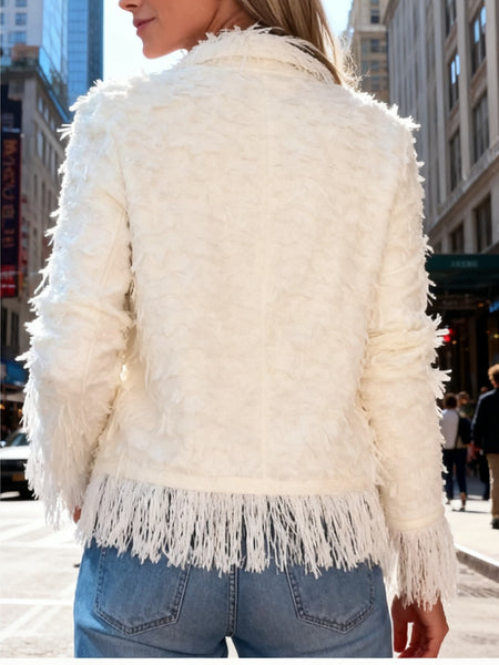 Women'S Elegant Fringed Cardigan Jacket Buttoned Neckline, Structured Silhouette with Fringed Hem Machine-Washable Autumn/Winter Outerwear Tailored Design