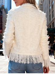 Women'S Elegant Fringed Cardigan Jacket Buttoned Neckline, Structured Silhouette with Fringed Hem Machine-Washable Autumn/Winter Outerwear Tailored Design