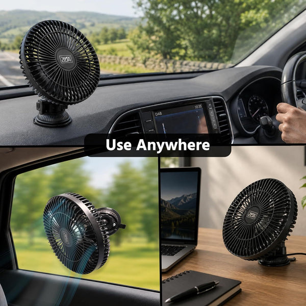 Waxacar Portable Car Fan, 12V USB Vehicle Cooling Fan with Adjustable 360° Rotation, Quiet Powerful Airflow for Car Dashboard, Rear Seat & Travel
