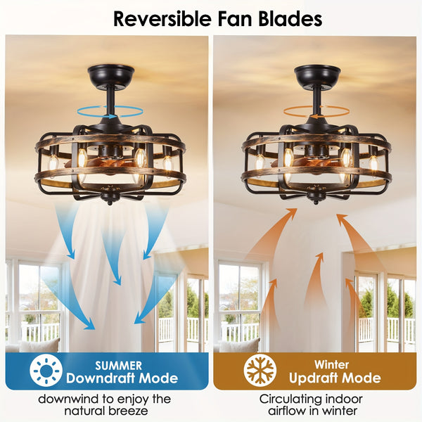 Caged Farmhouse Ceiling Fan with Light, 45.72cm Reversible 3 Wind Speed Industrial Ceiling Fan with 2 Down Rods, 1/2/4 Timing Quiet Flush Mount Rustic Ceiling Fan with Remote Control for Bedroom, Living Room, Dining Room, Kitchen