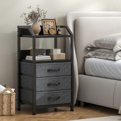 Modern Black Fabric Drawer Nightstand with Open Shelves - Engineered Wood & Metal Frame, 3 Drawers & Open Shelf, Compact 68.58cm Height, 3, 2 Cu Ft Storage, Easy Assembly for Bedroom, Living Room, Dorm, Office, Bedroom Storage, Contemporary Design, Sturdy