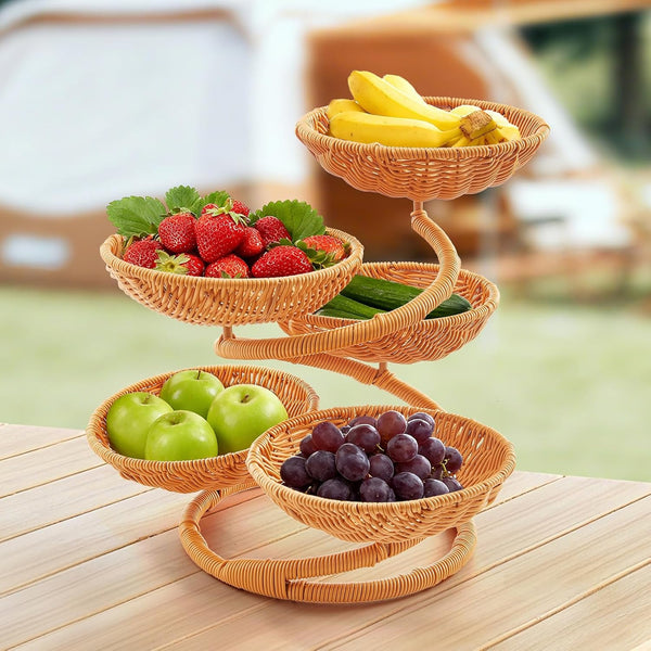 Multi-Layer Fruit Basket Stand, Creative Snack & Bread Storage Tray, Faux Rattan Handwoven Serving Basket for Fruits, Vegetables & Desserts, Lightweight Decorative Organizer for Kitchen & Living Room