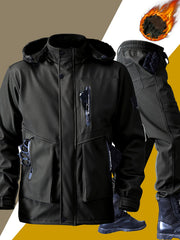 Men's Casual  Set: Warm Fleece-Lined Jacket & Cargo Pants with Zipper Hood - Durable Polyester, Multiple Pockets, Ideal for  & Camping