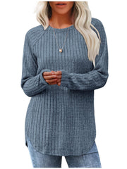 Ladies' Basic Long-Sleeve Sweater, Loose-Fit Top with Elegant Crew Neck.