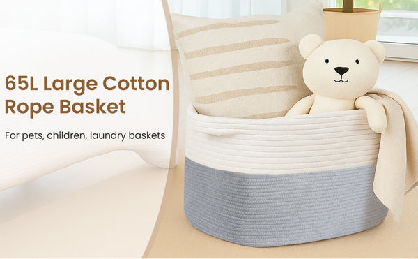 65L Large Storage Basket Blanket Baskets in Living Room, Nursery, Bedroom, Cotton Rope Baskets for Towels, Books, Toys, Dirty Clothes, Baby Storage Organiser, Grey, 65L