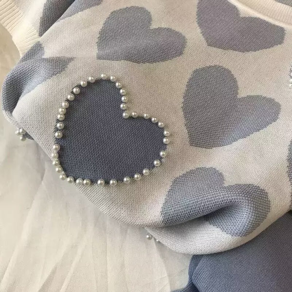 Women'S Korean-Style Heart-Shaped Printed Set - Short-Sleeved Beaded Top And Sweatpants, Casual Elegant Heart Pattern Outfit, Round Neck with Pockets, Casual Wear/Elegant /Beaded Details, Sweater Set