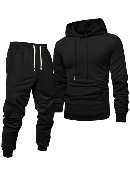 8pcs Men'S Hooded Sweatshirt + Sweatpants Autumn And Spring Casual Sports Suit Solid Color Plain Pullover Regular Long Sleeve Hoodie And Drawstring Elastic Waist Ribbed Ankle Pants