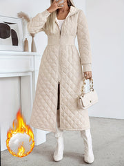 Women'S Casual Quilted Long Coat, Solid Color Long Sleeves with Pockets, Elegant Hooded Winter Warm Jacket