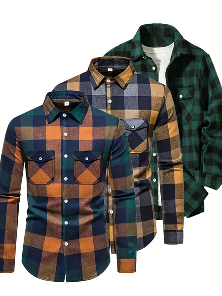 3 Men'S Plaid Shirt Top Lapel Long Sleeve Closure Men'S Casual Shirt Suitable for Men'S Daily Holiday Street Wear Casual Plaid Shirt Four Seasons Fashion Comfortable Fit Red, Blue And Black 3-Color Combination Pc Button Collar Chest Pocket