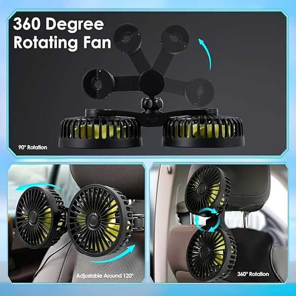 Car Fan, Car Small Air Conditioner, Double-Head Rear USB Interface Electronic Fan, Strong Wind, 360-Degree Rotation, USB Gadget, Computer Additions, Car And Home Dual Use, USB Fan Compatible with Laptops